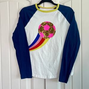 Boden Soccer Raglan White & Blue Shirt Colorful Sequin Flip Ball Size 15-16 Year